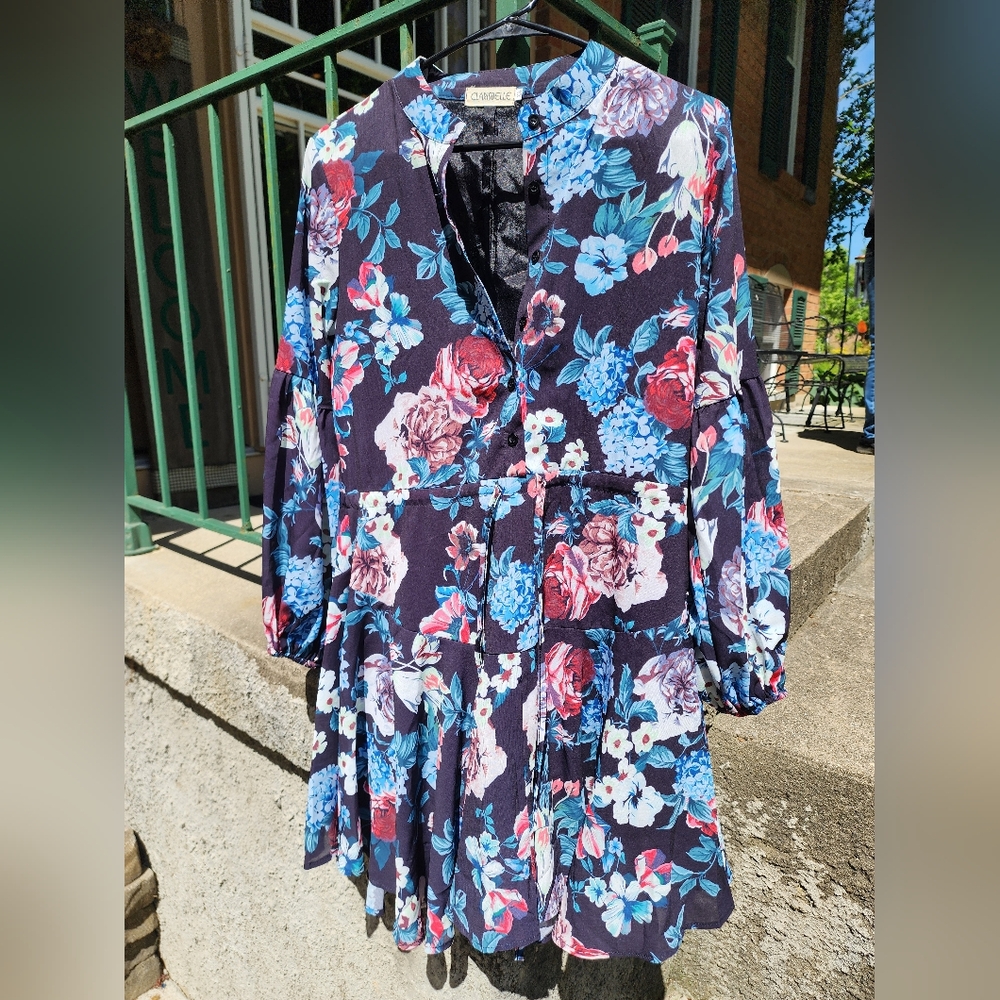Floral Mini Dress - Black and Multicolor